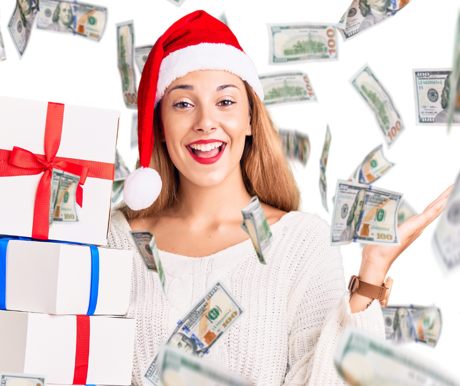 Girl holding presents with money floating in the air