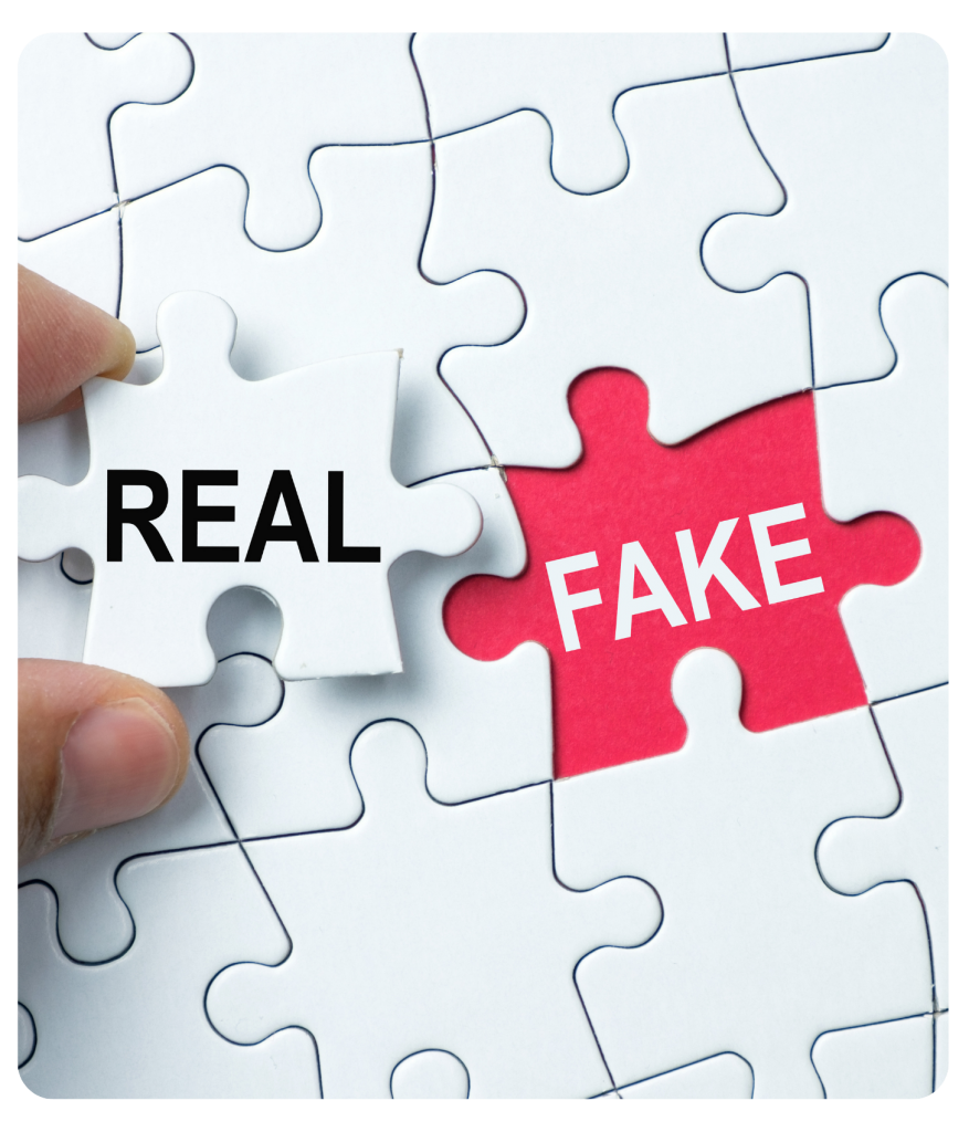 A person holding a white puzzle piece that says "Real" next to an open puzzle spot that is red and says "Fake".