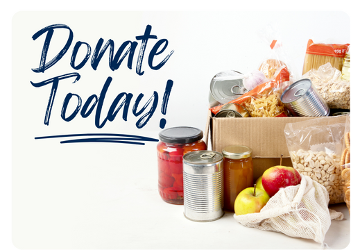 Cardboard box full of food items with the words "Donate today".