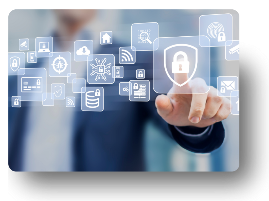 A businessperson pointing towards digital security icons, including locks, a fingerprint, and a shield. It conveys themes of cybersecurity and data protection in a modern, tech-focused setting.