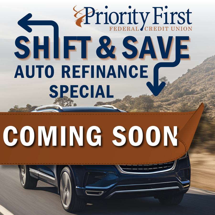 Car driving on a road advertising Shift & Save Auto Refinance Special