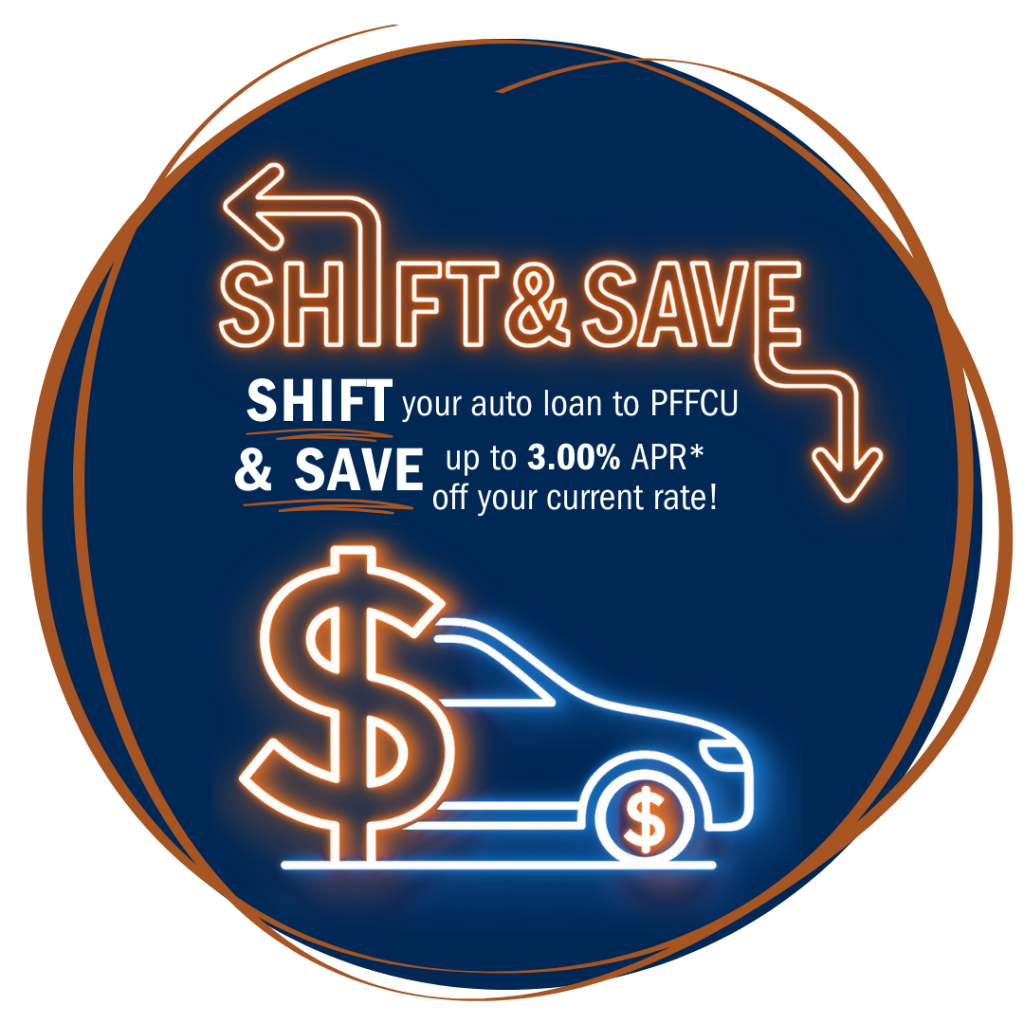 Neon outline of a car and dollar sign with auto refi special details